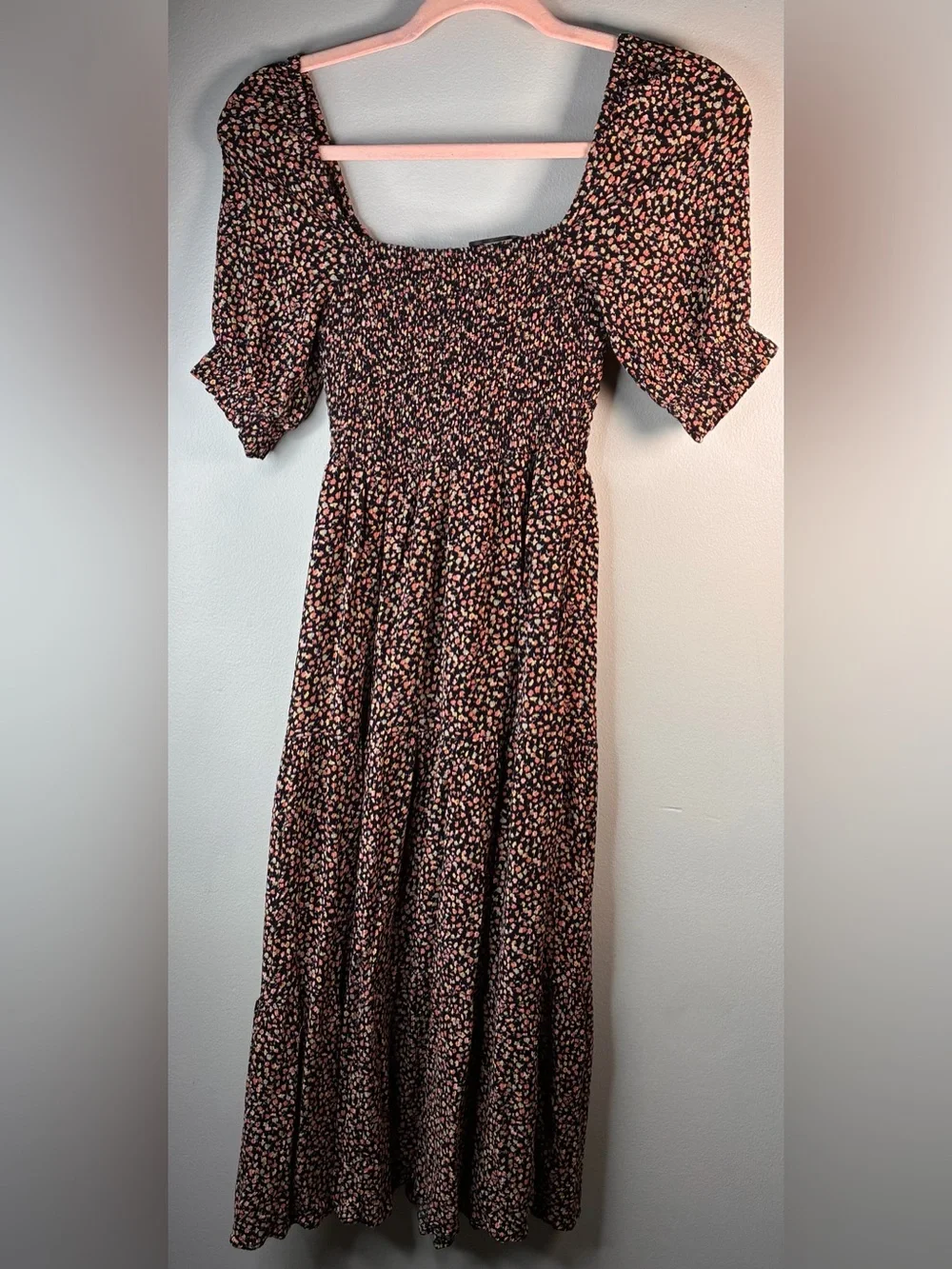 Abercrombie & Fitch Black Floral Midi Dress with Pink & Cream Accents